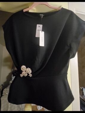 Express Black Midi Dress with Crystal Floral Accent
